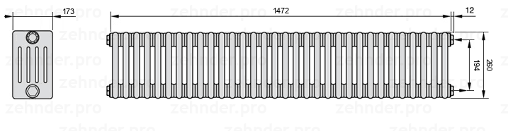 Схема (чертеж) Радиатор Zehnder Charleston 5026/32 №7610 Белый глянцевый RAL 9016
